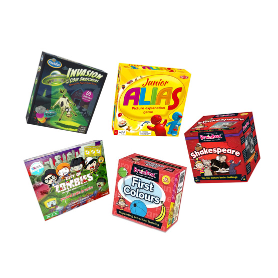 Selection of board games including invasion of the cow snatchers, junior alias, city of zombies, first colours and shakespeare