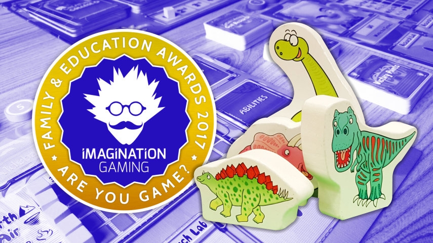 Imagination Gaming banner with logo and dinosaur playing pieces