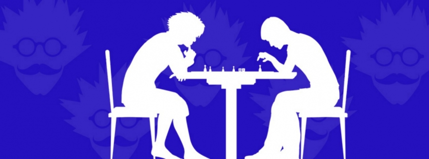 Silhouette of two people playing chess on blue background