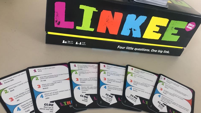 Linkee game box with playing cards