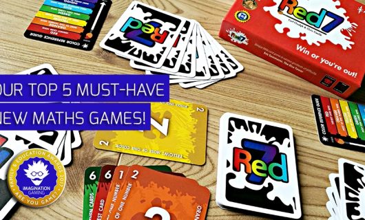 "Our Top 5 Must-Have New Maths Games" photo shows Game cards from Red7 game on table top