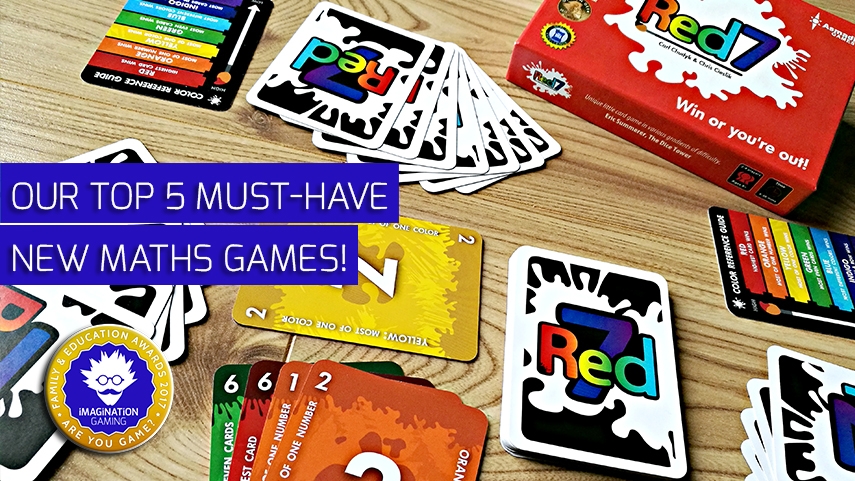 "Our Top 5 Must-Have New Maths Games" photo shows Game cards from Red7 game on table top
